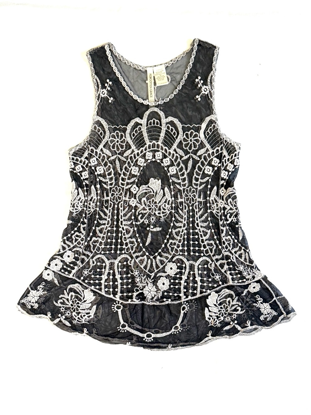 Forgotten Grace Black & Cream Embroidered Lace Peplum Top M